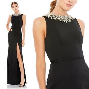 IEENA FOR MAC DUGGAL 26516 Sleeveless Rhinestone Collar Column Gown Black 2 NEW